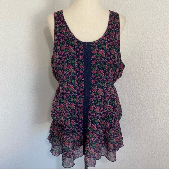 NWOT Decree Floral Blue Ruffle Tier Sleeveless Silver Clasp Accent Prairie SZ L - Picture 2 of 12